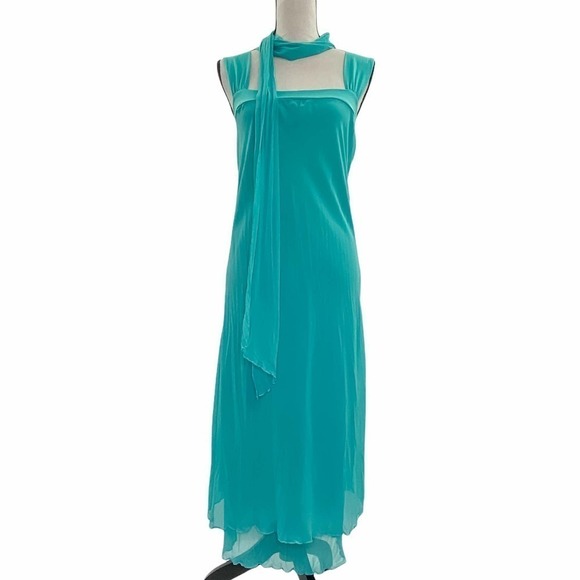 LANI Sleeveless Turquoise Blue Chiffon Layered Square Neck Maxi Dress w/ Scarf - Picture 1 of 12